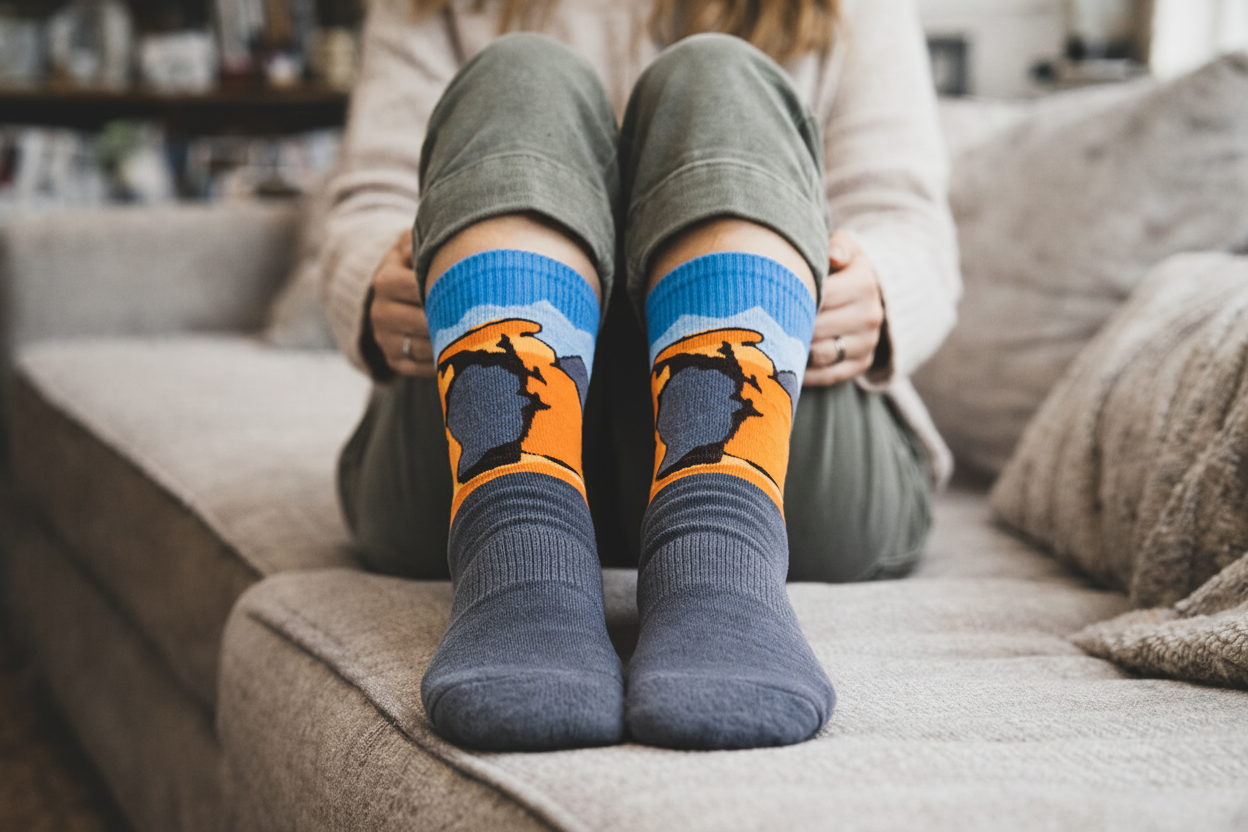 girl sitting on a couch wearing Cozy Trail Socks featuring the Delicate Arch from Arches National Park in Utah.